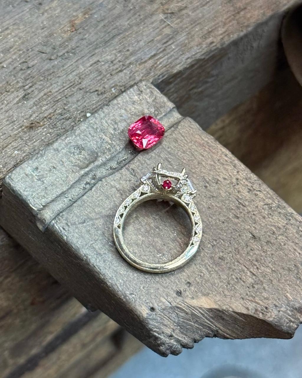 Neon Pink Spinel & Trapezoid Diamond Ring