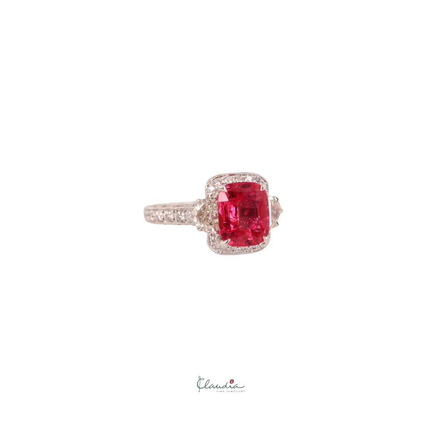 Neon Pink Spinel & Trapezoid Diamond Ring